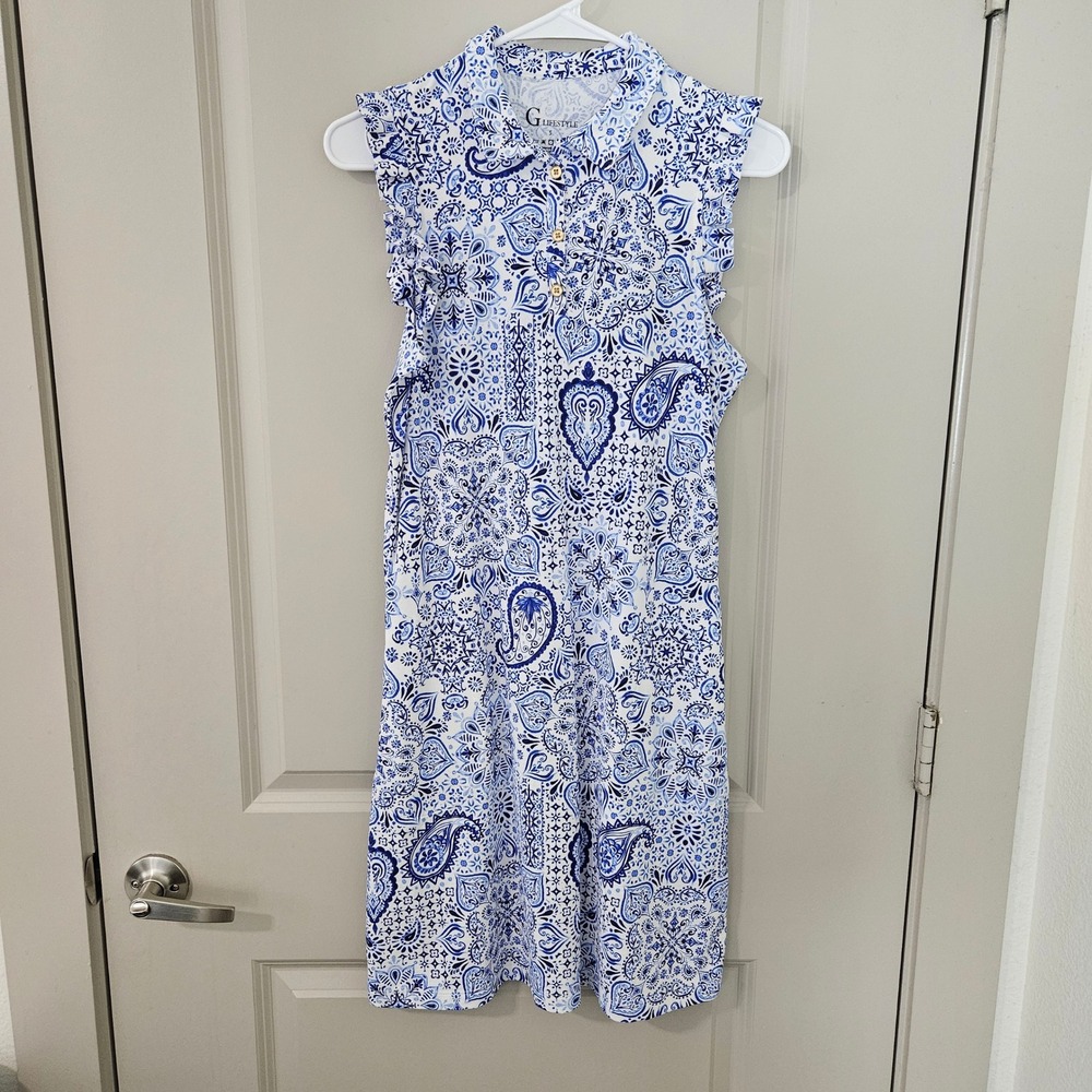 G Lifestyle Womens Golf Dress Blue Paisley Ruffle Sleeveless Set Small